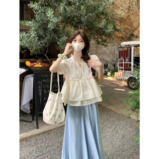 Áo tiểu thư nhún eo 2 tầng bèo cổ buộc nơ tay phồng phong cách Hàn Quốc phù hợp đi học đi làm đi chơi -K1