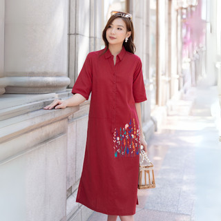 SWANLAKE | Váy Đầm Nữ Midi Sơ Mi Cài Nút Công Sở Thêu Hoa Vải Linen Thấm Hút Tay Ngắn Có Túi D11297