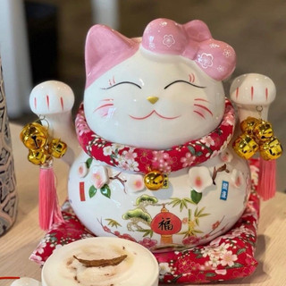 Mèo Thần Tài Tiết Kiệm Dễ Thương, Mèo Nơ Hồng Nhiều Size [Kèm hộp quà tặng]