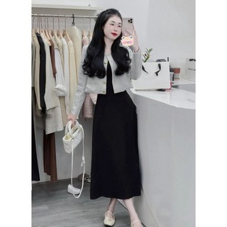 Set Váy Nữ 2 Món Đầm 2 Dây Bozip Mix Áo Khoác Dạ 2 Lớp Cúc Đồng Nổi Freesize