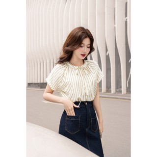 Áo sơ mi tay cộc kẻ sọc phối nơ LA446