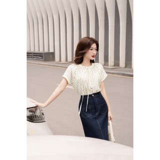 Áo sơ mi tay cộc kẻ sọc phối nơ LA446