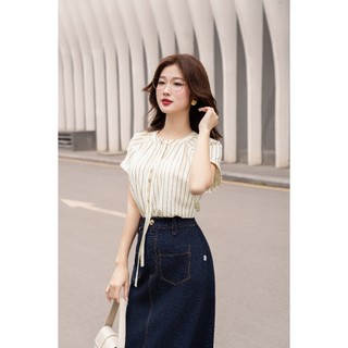 Áo sơ mi tay cộc kẻ sọc phối nơ LA446