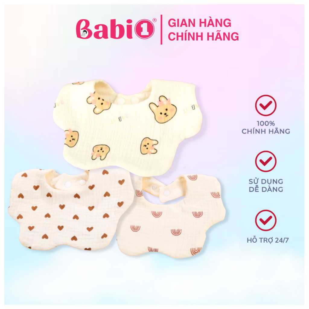 Yếm Ăn Dặm Babi 1 Xô Muslin 6 Lớp Cotton Tự Nhiên Khuy Bấm