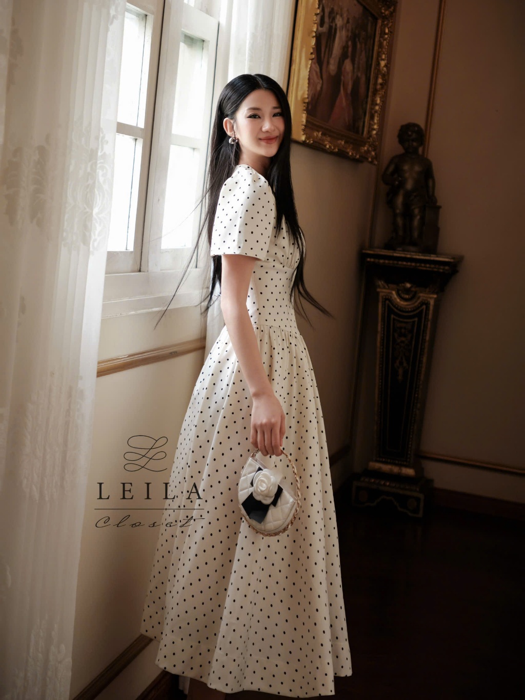 Ảnh LEILA CLOSET | Đầm thiết kế Vella chấm bi cổ tim, tay chuông, chiết eo, xoè dài 1