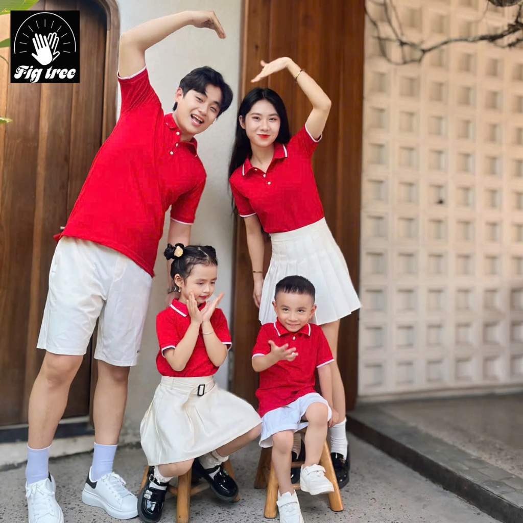 Set Áo Gia Đình Fig Tree Thun Polo Cá Sấu Cao Cấp Màu Đỏ Nổi Bật, Chất Vải Dày Dặn,Co Giãn, fullsize