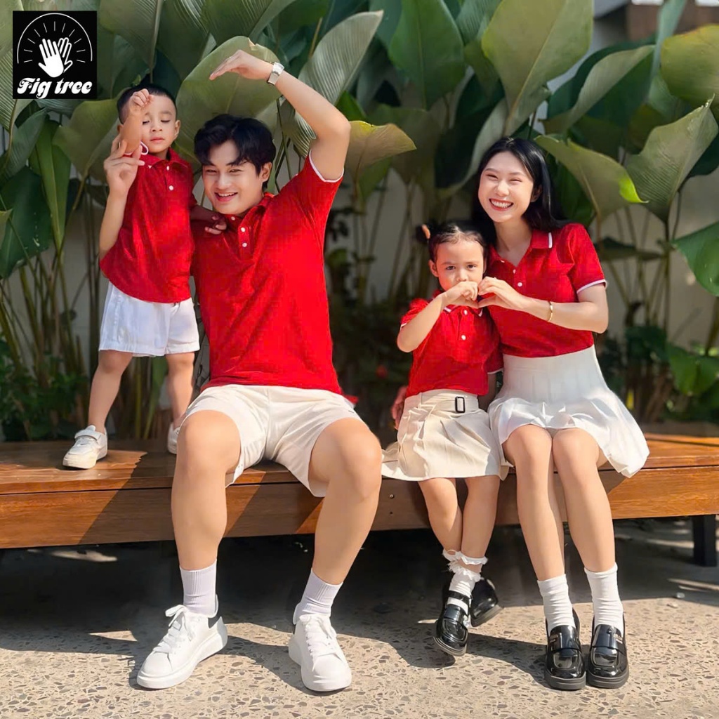 Set Áo Gia Đình Fig Tree Thun Polo Cá Sấu Cao Cấp Màu Đỏ Nổi Bật, Chất Vải Dày Dặn,Co Giãn, fullsize