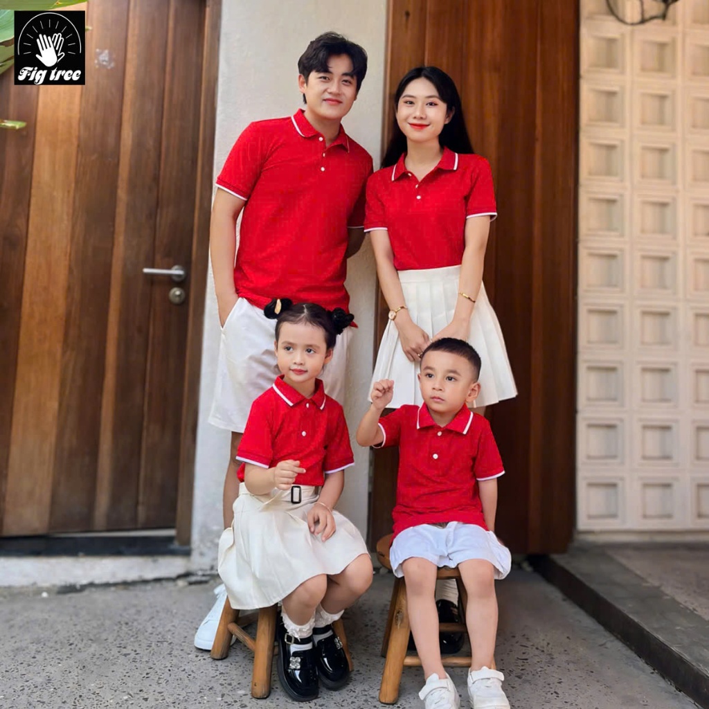 Set Áo Gia Đình Fig Tree Thun Polo Cá Sấu Cao Cấp Màu Đỏ Nổi Bật, Chất Vải Dày Dặn,Co Giãn, fullsize