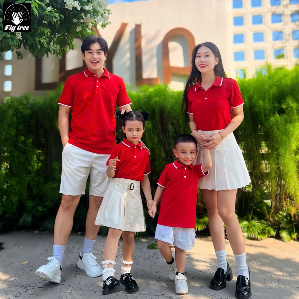 Set Áo Gia Đình Fig Tree Thun Polo Cá Sấu Cao Cấp Màu Đỏ Nổi Bật, Chất Vải Dày Dặn,Co Giãn, fullsize