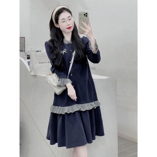 Váy Thụng Nữ Phối Bèo Kẻ Caro Cổ Tàu Cúc Ngọc Kèm Tag Nơ Đầm Cổ Ngọc Dài Tay Freesize Form Rộng