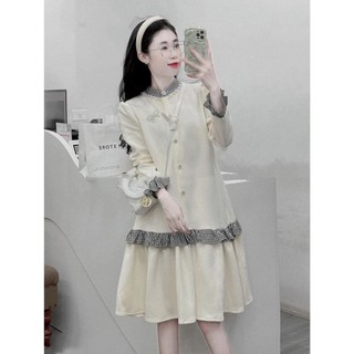 Váy Thụng Nữ Phối Bèo Kẻ Caro Cổ Tàu Cúc Ngọc Kèm Tag Nơ Đầm Cổ Ngọc Dài Tay Freesize Form Rộng