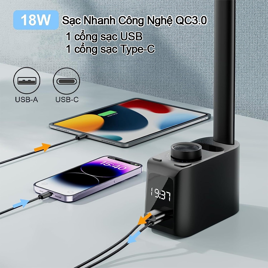 Ảnh Đèn học cao cấp, Sipanic Tx221 kèm đồng hồ và có cổng sạc ra cắm điện 5 chế độ sáng chống cận 4