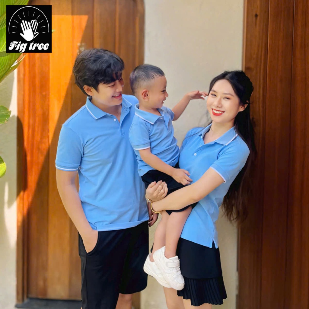 Set Áo Gia Đình Fig Tree Thun Polo Cá Sấu Màu Xanh Biển Nhạt, Vải Dày Dặn, Co Giãn, Nhiều size