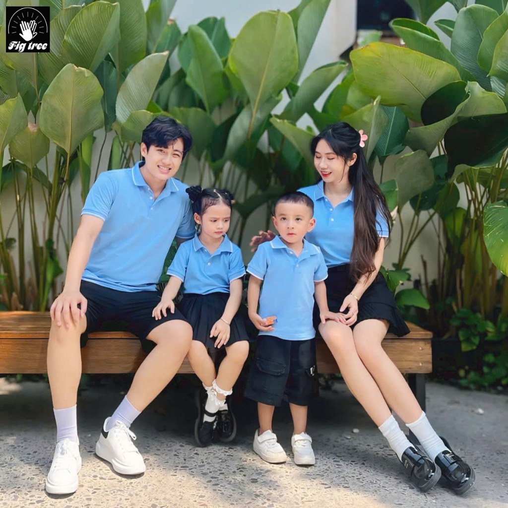 Set Áo Gia Đình Fig Tree Thun Polo Cá Sấu Màu Xanh Biển Nhạt, Vải Dày Dặn, Co Giãn, Nhiều size