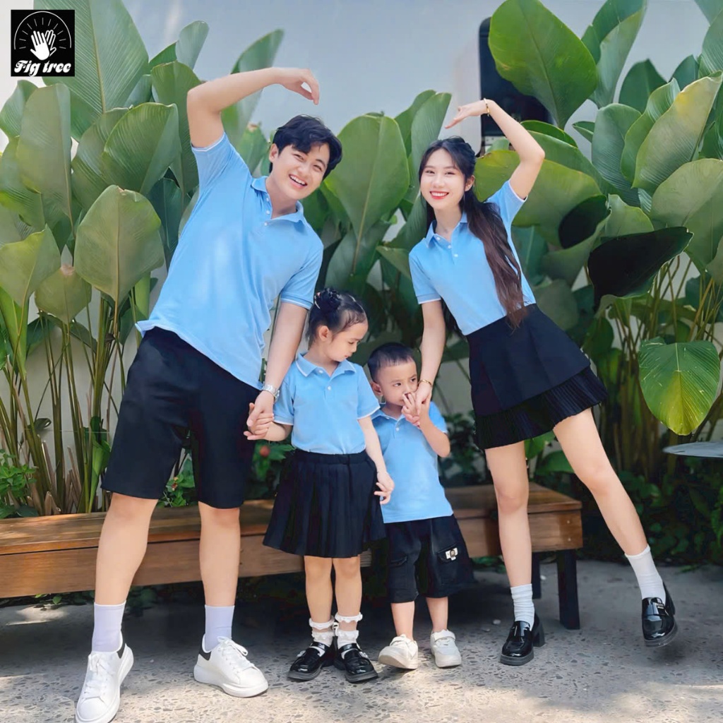 Set Áo Gia Đình Fig Tree Thun Polo Cá Sấu Màu Xanh Biển Nhạt, Vải Dày Dặn, Co Giãn, Nhiều size