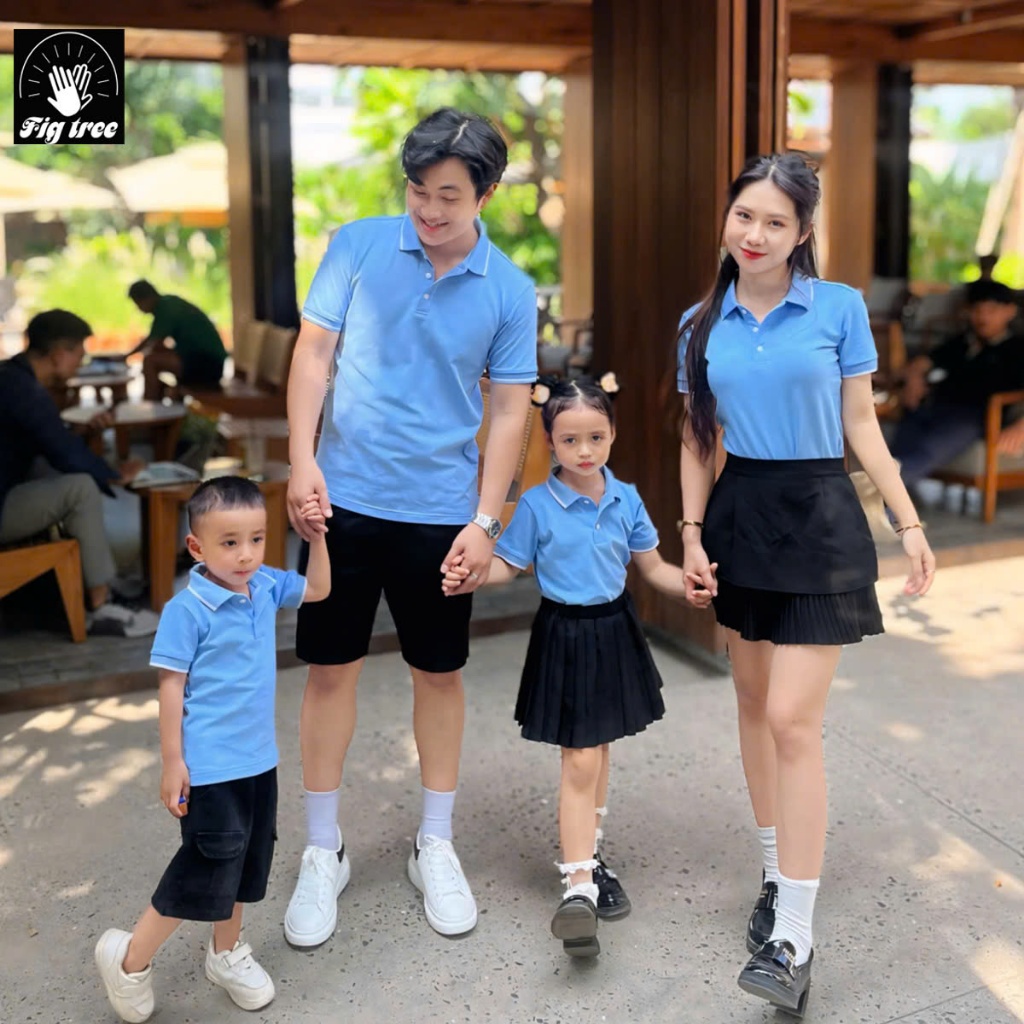 Set Áo Gia Đình Fig Tree Thun Polo Cá Sấu Màu Xanh Biển Nhạt, Vải Dày Dặn, Co Giãn, Nhiều size