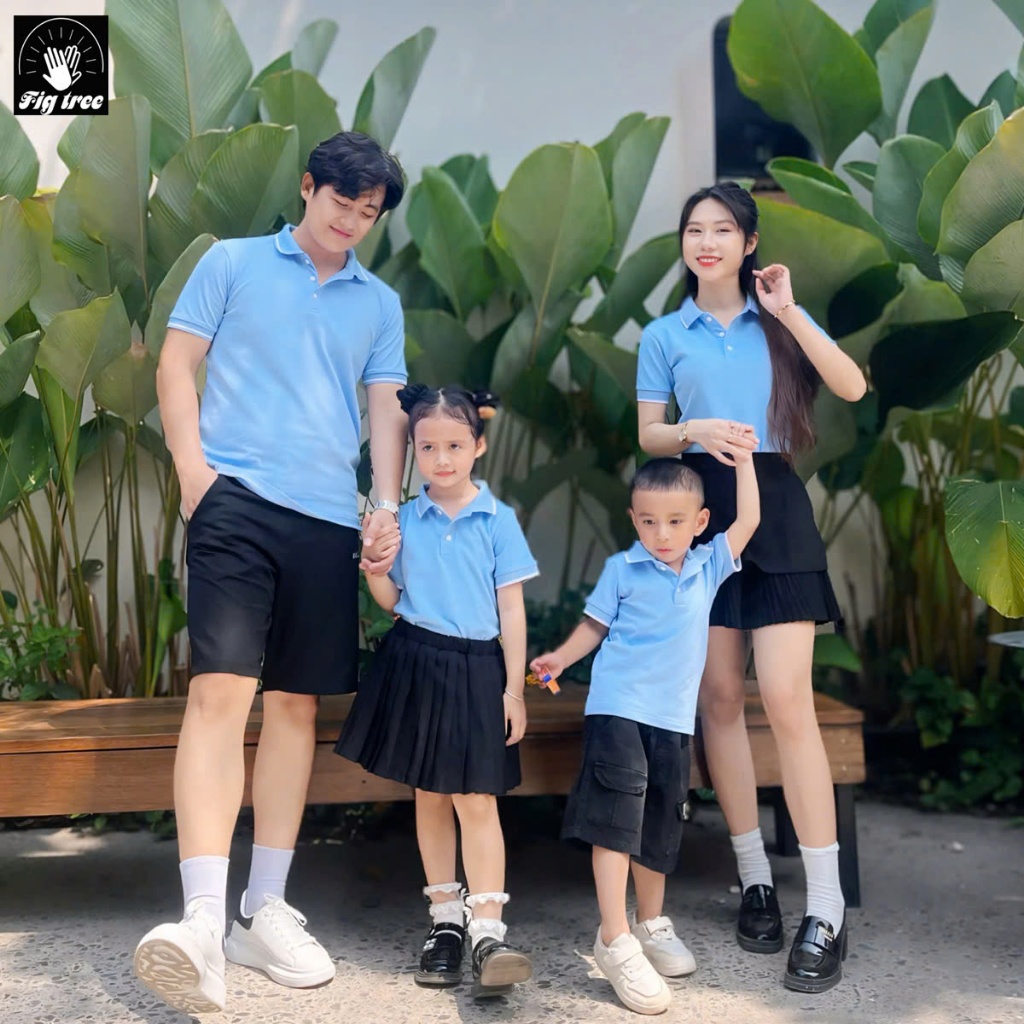 Set Áo Gia Đình Fig Tree Thun Polo Cá Sấu Màu Xanh Biển Nhạt, Vải Dày Dặn, Co Giãn, Nhiều size