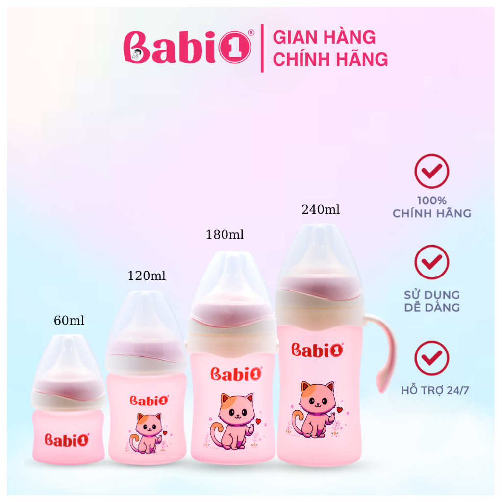 Combo Bình Sữa Thủy Tinh Babi 1 & Muỗng Thìa Cảm Biến Nhiệt Báo Nóng (60/120/180/240ml)