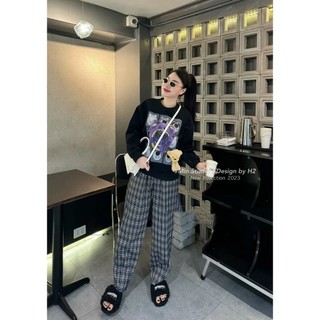 Set Bộ Đồ Nỉ Gấu Tím Áo Nỉ Bông Dài Tay In Gấu Kèm Gấu Cài Nổi Mix Quần Kẻ Dạ Dáng Dài Freesize