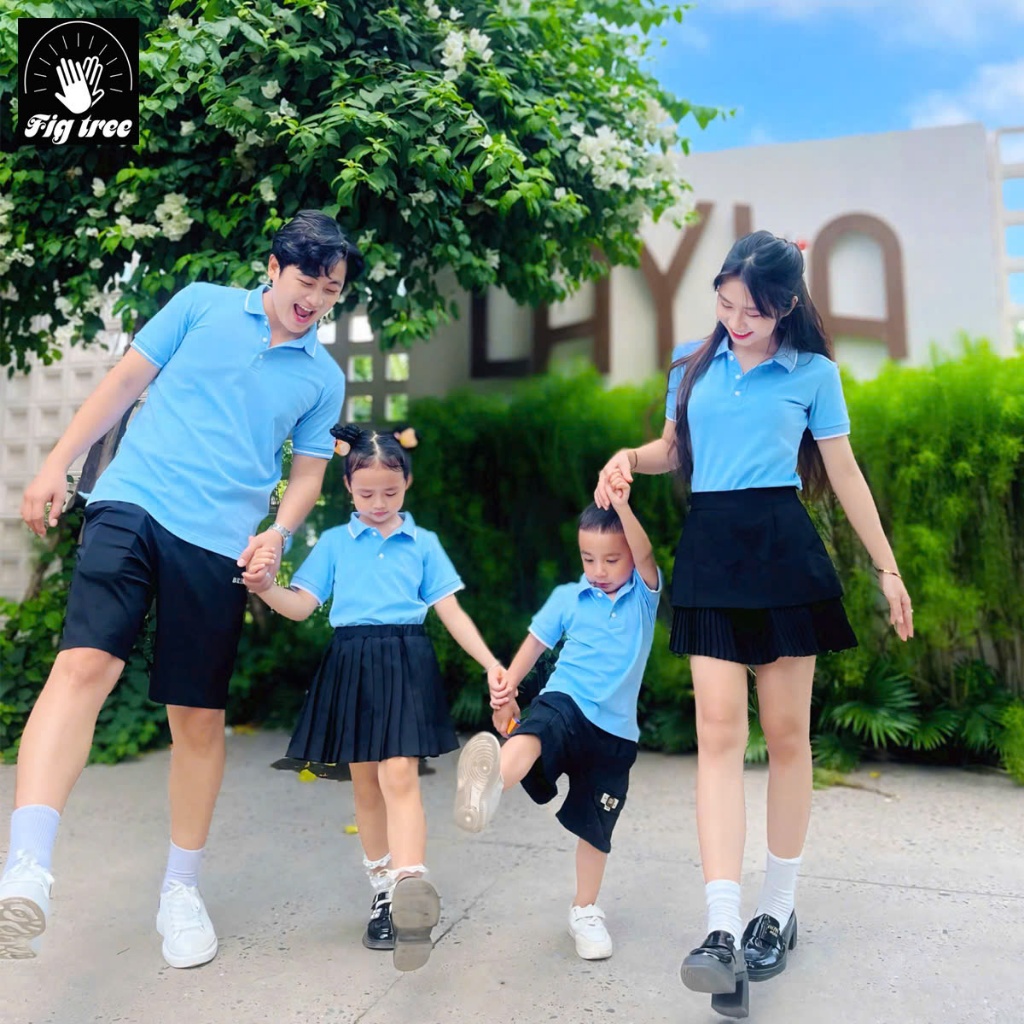 Set Áo Gia Đình Fig Tree Thun Polo Cá Sấu Màu Xanh Biển Nhạt, Vải Dày Dặn, Co Giãn, Nhiều size