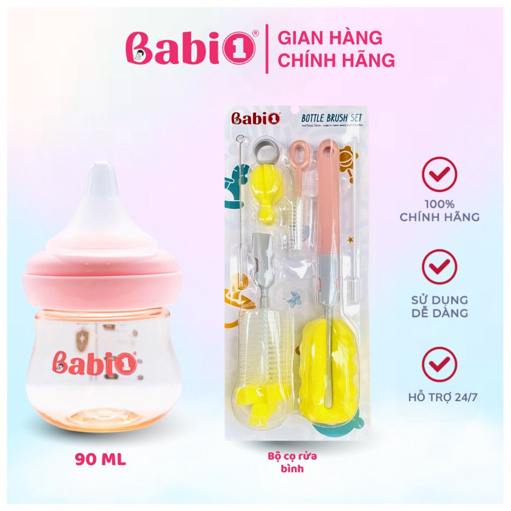 Combo Đi Sinh Bộ Cọ Rửa Bình Sữa 6in1 Babi 1 Và Bình Sữa PPSU Plus 90ml/Thủy Tinh 60ml