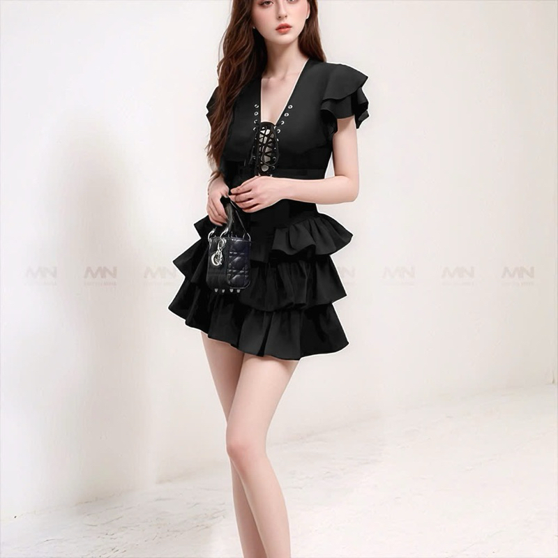Ảnh Đầm xoè tầng MINA dự tiệc chất Cotton màu đen thiết kế quyến rũ trẻ trung MN307 4
