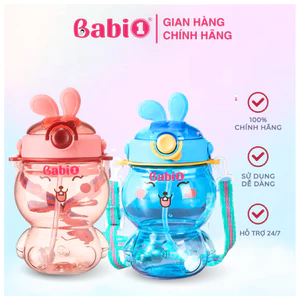 Bình Nước Cho Bé Babi1 Hoạ Tiết Thỏ Bunny, Ống Hút Silicon Khoá Chống Tràn, Rò Rỉ, Tay Cầm 500ml
