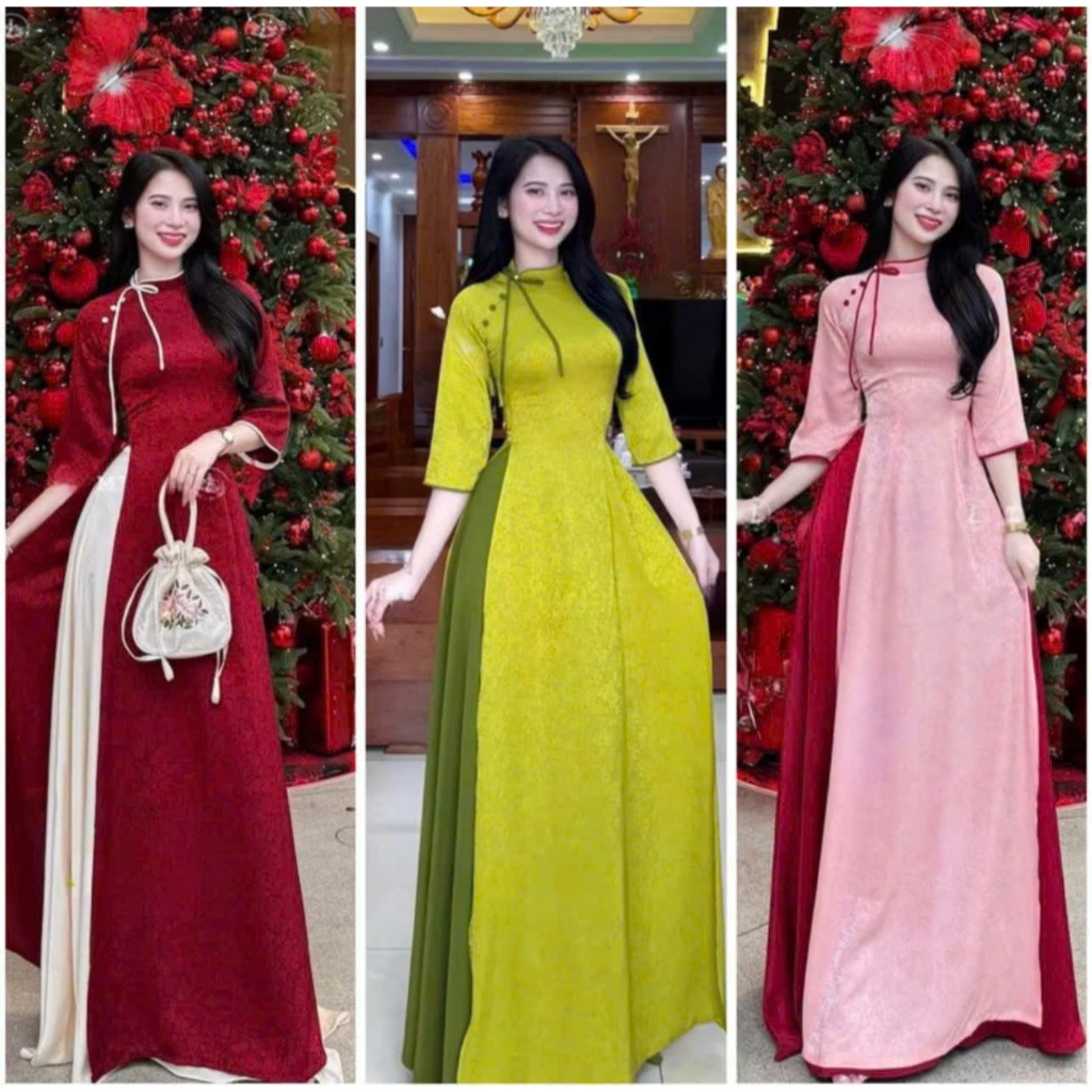 Áo Dài Gấm Cổ Lệch Đính Nơ dáng truyền thống tôn dáng dễ mặc - Áo Dài Việt
