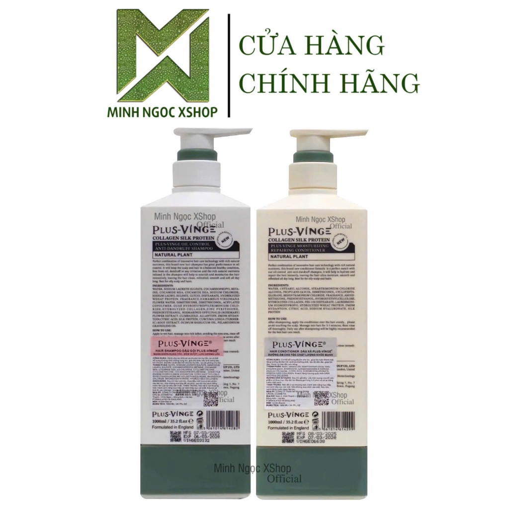 Ảnh Dầu gội xả cho tóc dầu, gàu rụng Plus Vinge Collagen Xanh 1000ML Mẫu Mới 2025 1