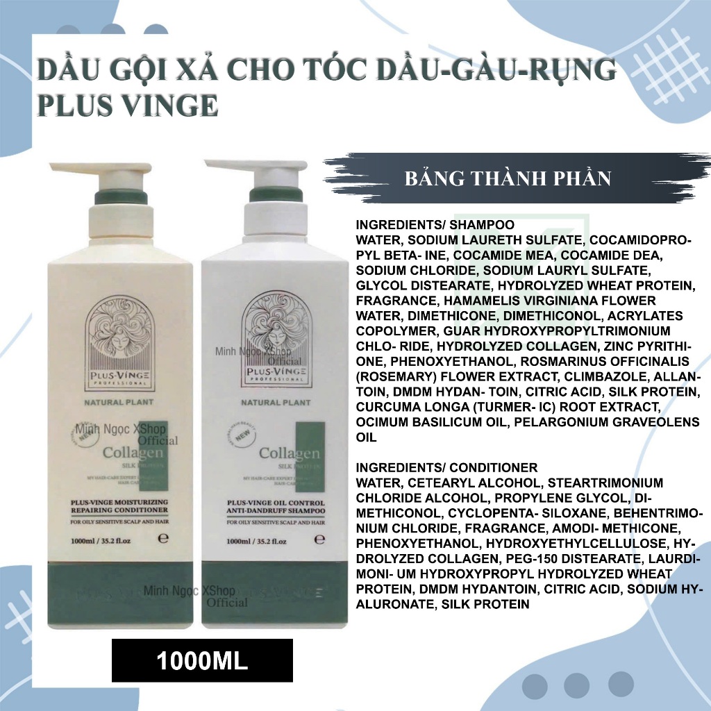 Ảnh Dầu gội xả cho tóc dầu, gàu rụng Plus Vinge Collagen Xanh 1000ML Mẫu Mới 2025 3