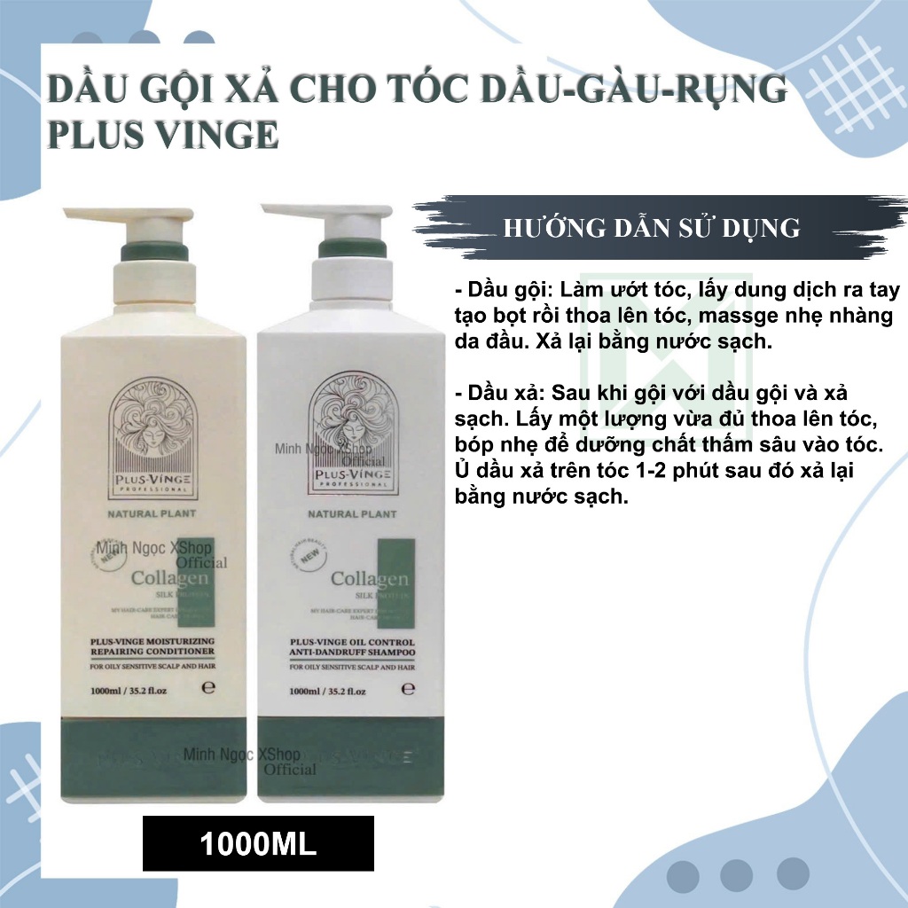 Ảnh Dầu gội xả cho tóc dầu, gàu rụng Plus Vinge Collagen Xanh 1000ML Mẫu Mới 2025 4