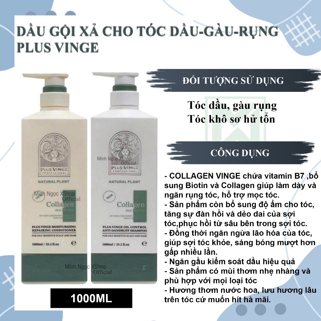 Ảnh Dầu gội xả cho tóc dầu, gàu rụng Plus Vinge Collagen Xanh 1000ML Mẫu Mới 2025 2