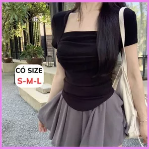 Áo Thun Cộc Tay Cổ Vuông RANSHI Thiết Kế Nhún Ngực Ôm Body Hack Dáng Chất Gân Dày - RA303