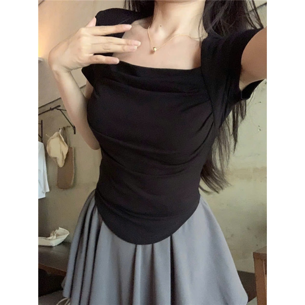 [CÓ SIZE] Áo Thun Cộc Tay Cổ Vuông RANSHI Thiết Kế Nhún Ngực Ôm Body Hack Dáng Chất Gân Dày - RA303