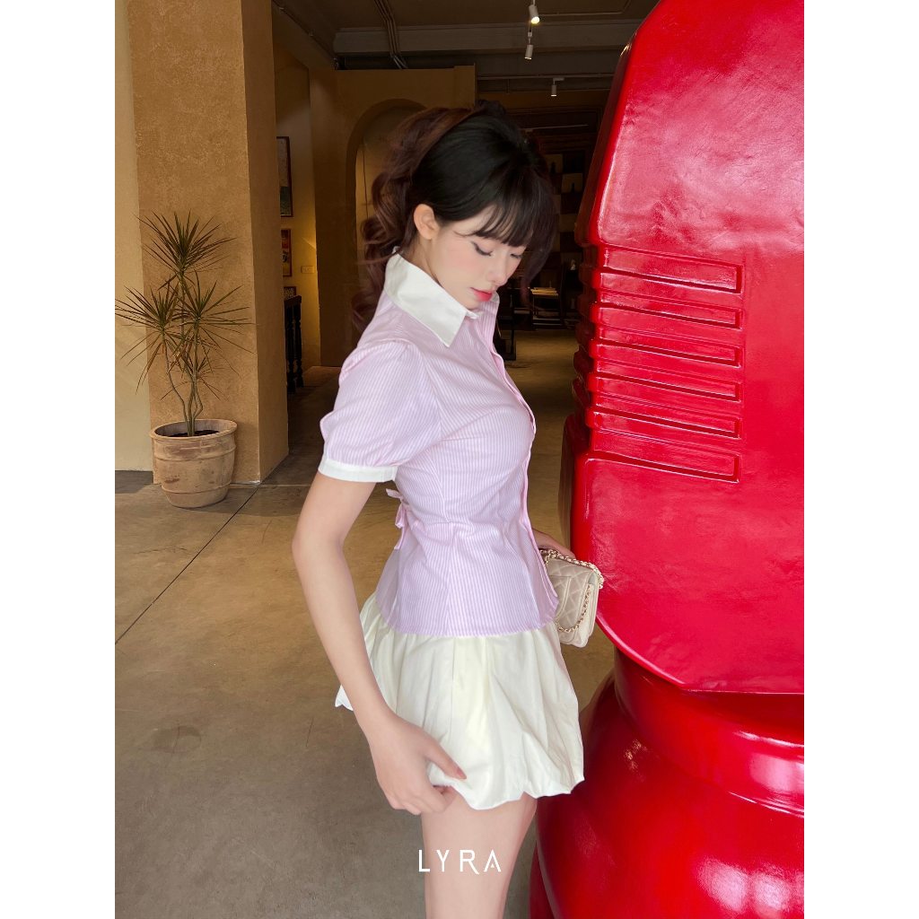 Ảnh Áo sơ mi kẻ sọc ngắn tay LYRA phối cổ trắng thiết kế tay bo viền dáng ôm, dây rút sau eo - LWNSM007 4