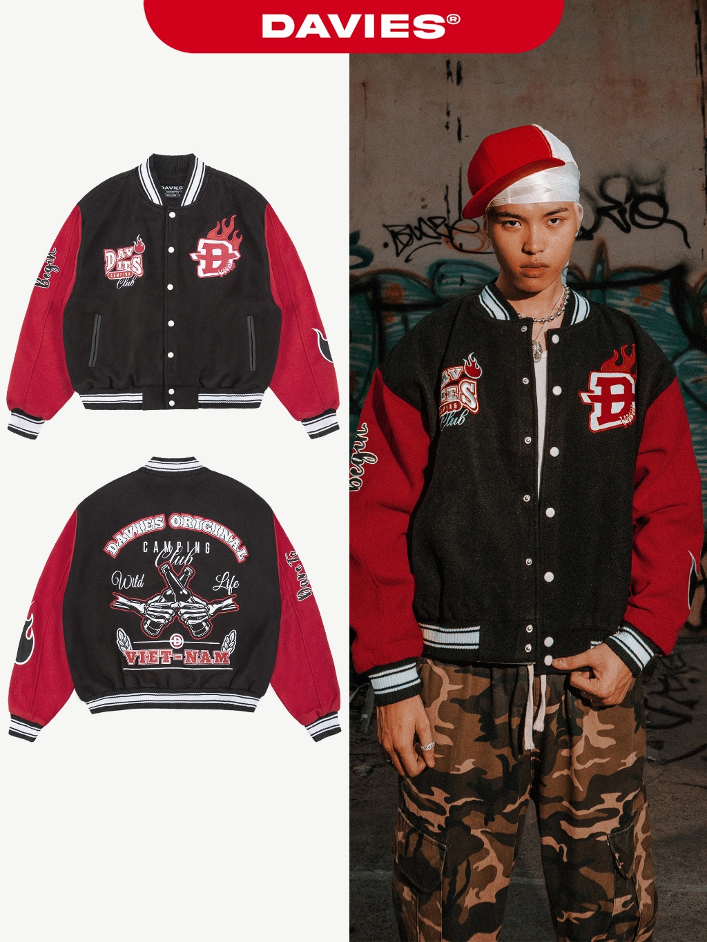 Áo varsity nỉ đen phối tay đỏ DAVIES thêu họa tiết full 2 mặt form rộng ...