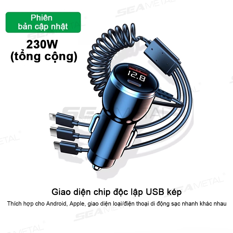 Tẩu sạc ô tô 230W với cáp sạc nhanh 3 trong 1 PD Type C QC3.0 USB C sạc điện thoại trên xe đa dụng tiện lợi