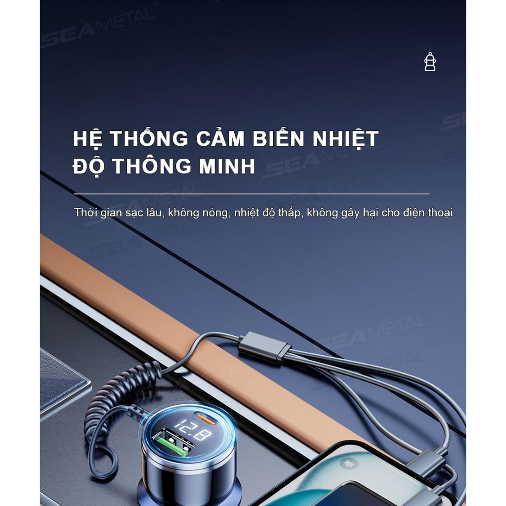 Tẩu sạc ô tô 230W với cáp sạc nhanh 3 trong 1 PD Type C QC3.0 USB C sạc điện thoại trên xe đa dụng tiện lợi