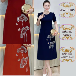 Đầm-Váy -Đi tiệc-Dự tiệc-Thiết kế thêu lá sen kim sa phale sang trọng và thanh lịch-Tặng Quà