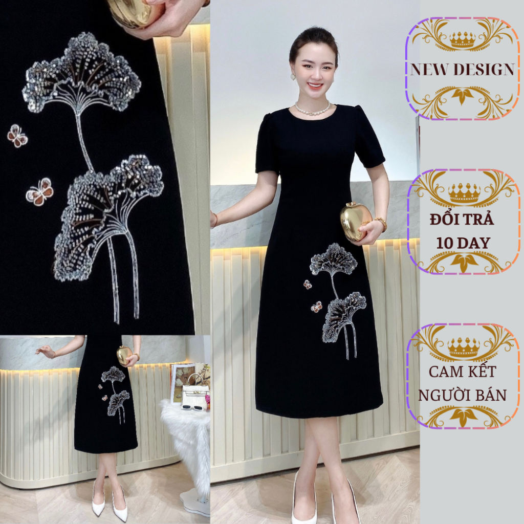 Đầm-Váy -Đi tiệc-Dự tiệc-Thiết kế thêu lá sen kim sa phale sang trọng và thanh lịch-Tặng Quà