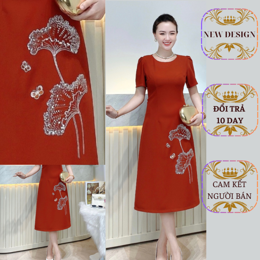 Đầm-Váy -Đi tiệc-Dự tiệc-Thiết kế thêu lá sen kim sa phale sang trọng và thanh lịch-Tặng Quà