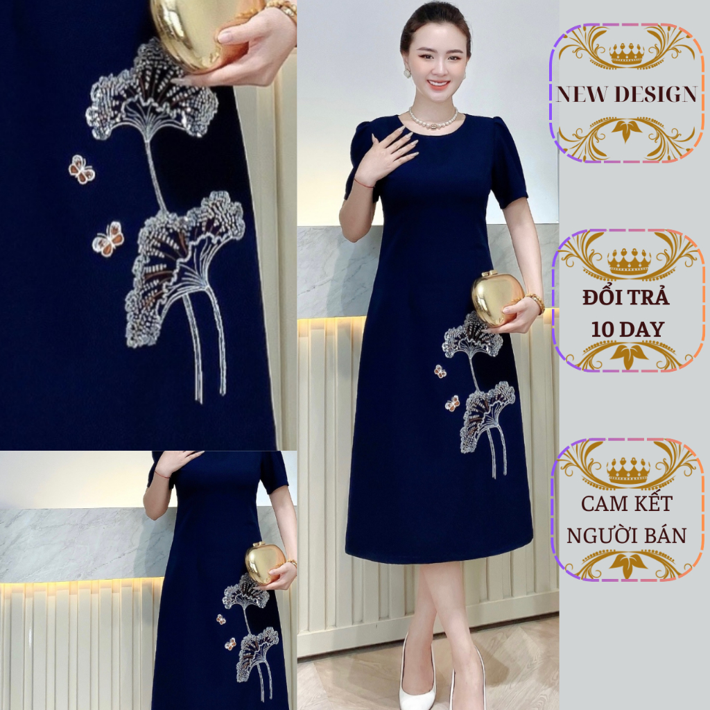 Đầm-Váy -Đi tiệc-Dự tiệc-Thiết kế thêu lá sen kim sa phale sang trọng và thanh lịch-Tặng Quà