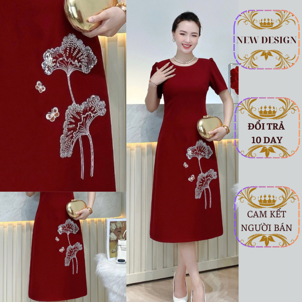 Đầm-Váy -Đi tiệc-Dự tiệc-Thiết kế thêu lá sen kim sa phale sang trọng và thanh lịch-Tặng Quà