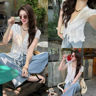 (ÁO REN MỎNG XẺ V KHOÉT SÂU) Áo ren xô mùa hè mỏng cổ V thắt dây ROSE TOP