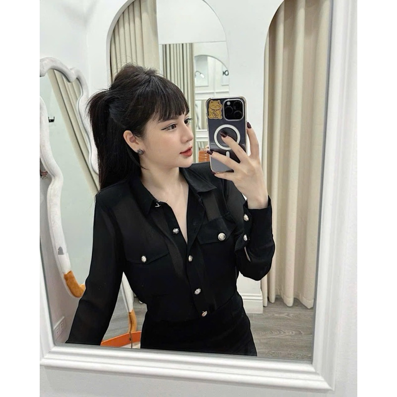 Áo sơmi voan mỏng đính khuy siu sang