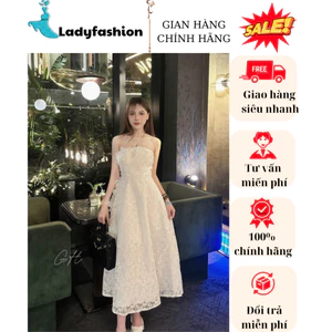 Váy đầm ren đính hoa cúp ngực dáng dài cao cấp siêu sang chảnh màu kem trắng phong cách sang chảnh