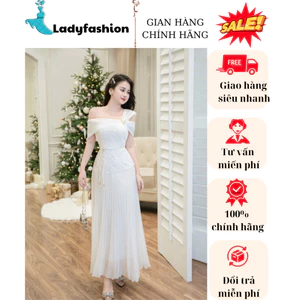 Váy tơ phối ren dập ly cao cấp trễ vai thiết kế dự tiệc xinh xỉu sang chảnh ,Váy dự tiệc tag kèm đai 3 màu trắng kem đen