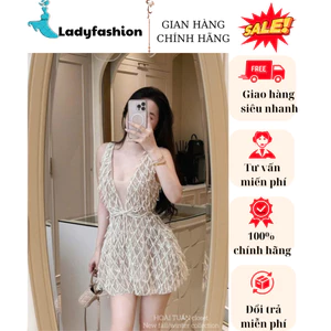 Váy ren cao cấp cổ V kèm lót trong thắt dây bụng phong cách sexy sang chảnh New 2025