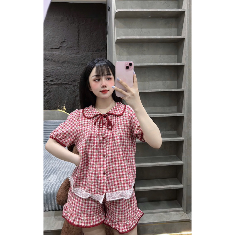 (35-50kg) Bộ pijama đùi chất đũi cổ Sen form nhỏ dễ thương