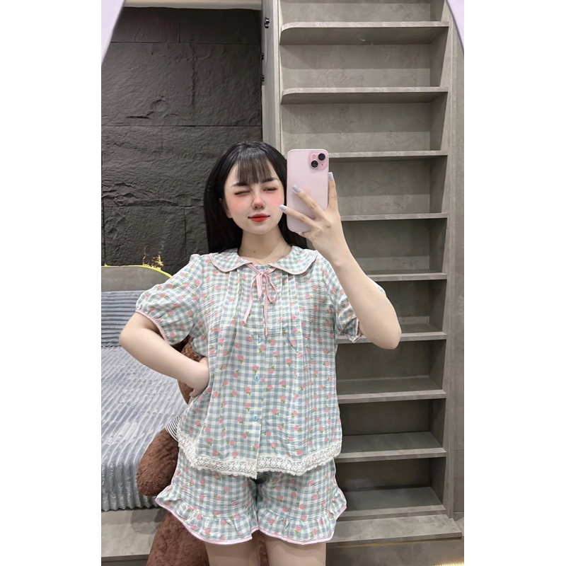 (35-50kg) Bộ pijama đùi chất đũi cổ Sen form nhỏ dễ thương